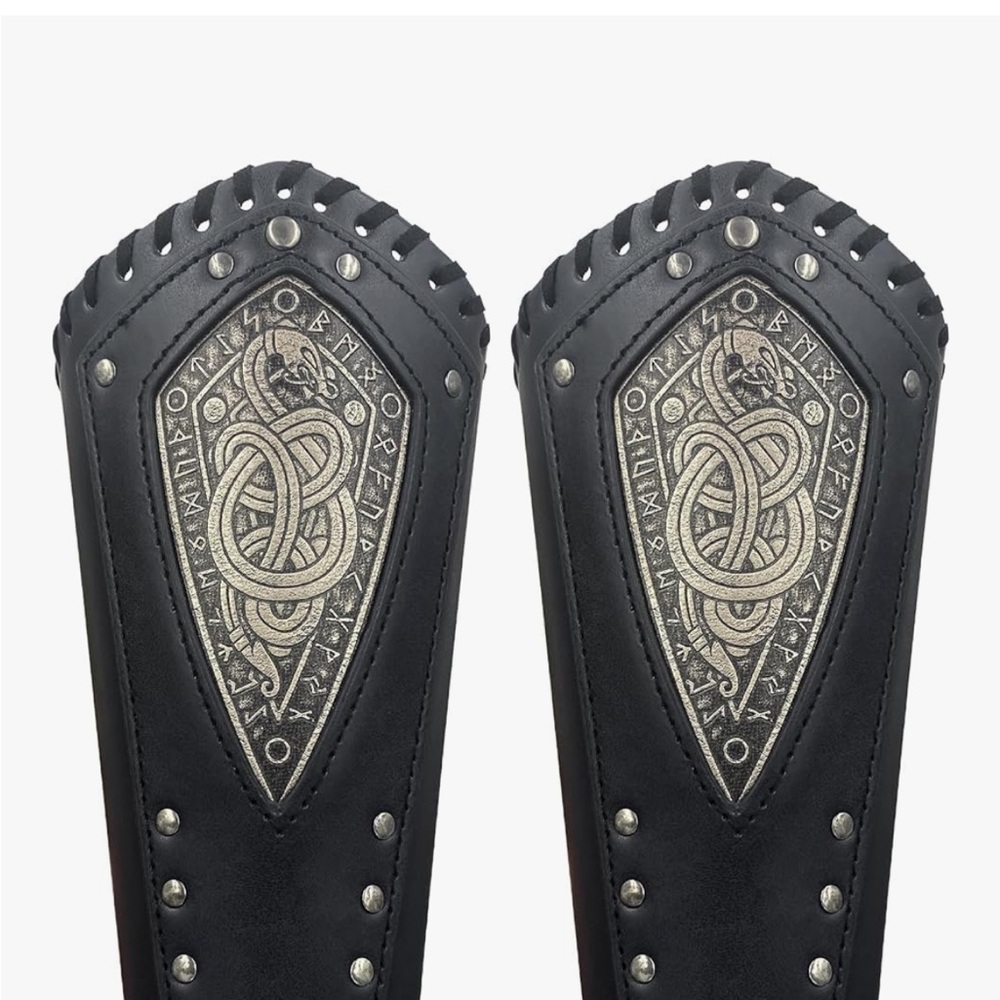 Viking Embossed Black Leather Faux Arm Guards with Silver Accents Arm Bracers - Picture 4 of 5